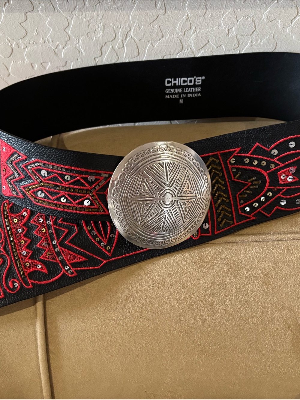 Chico's Black Leather Belt with Red Embroidered Pattern & Silver Concho